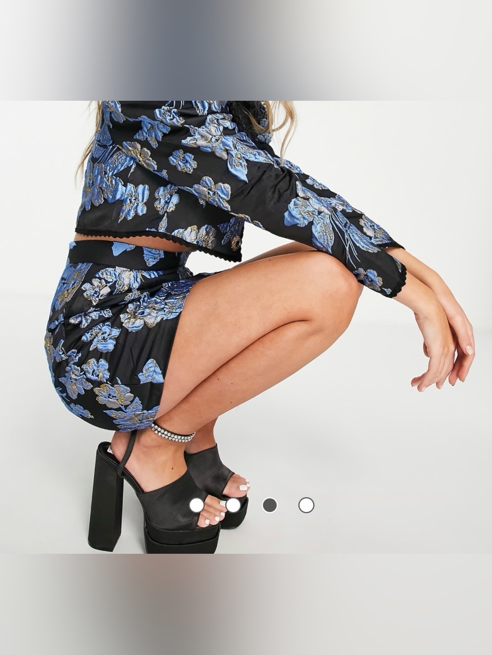 Sister Jane mini skirt in bold blue jacquard floral co-ord.